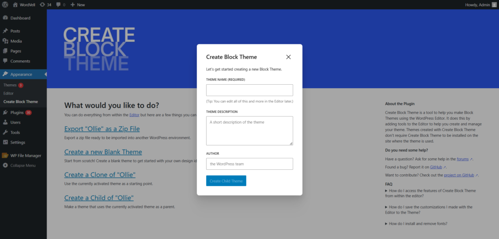 Form to Create New Child theme in Create Block Theme WordPress Plugin