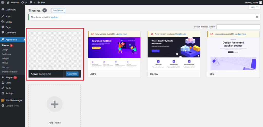 Newly Created WordPress Child Theme appeared in Themes Page