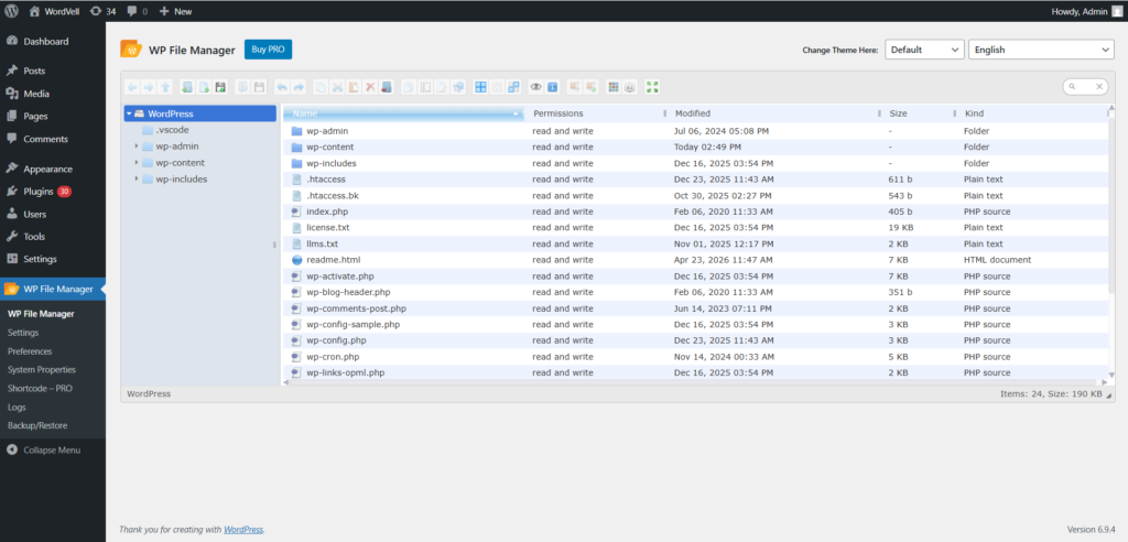 WordPress File Manager Plugin to manage files from WordPress Dashboard