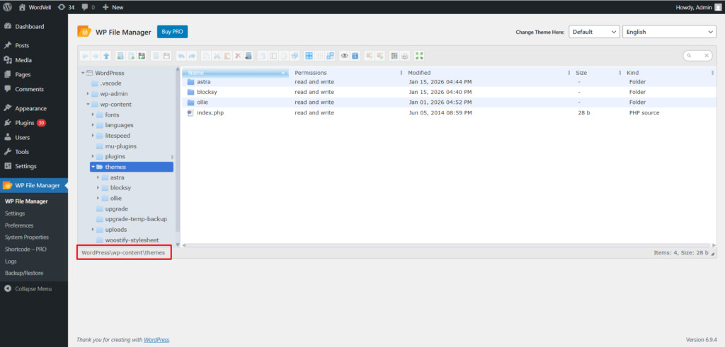 WordPress Themes Folder navigated through WordPress File Manger Plugin